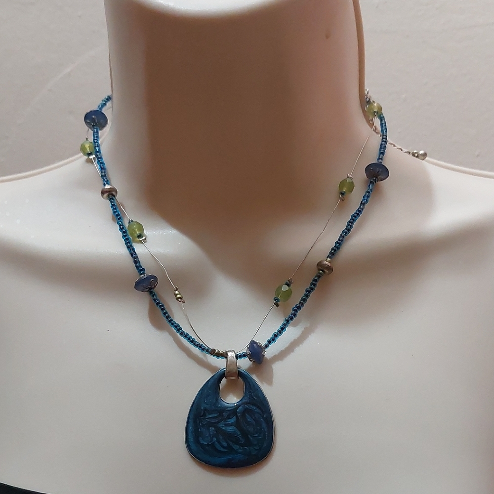 Blue Swirly Enameled Pendant Beaded Necklace